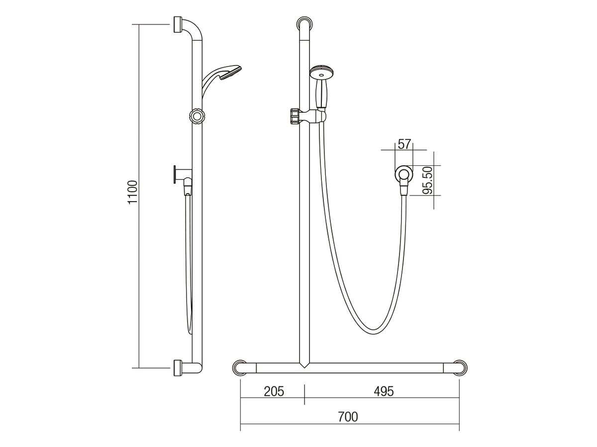 Conserv T Grabrail with Plastic Slide & Chrome Hosfab Hand Shower (3 Star) 700mm X 1100mm Left Hand Satin Stainless Steel