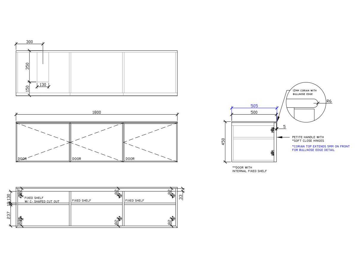 ISSY Adorn Above Counter / Semi Inset Wall Hung Vanity Unit with Three Doors & Internal Shelves with Petite Handle 1800mm x 500mm x 450mm OFFSET LEFT (CENTRE RIGHT)