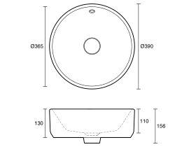Technical Drawing - Roca The Gap Round Above Counter Basin 390mm With Overflow White