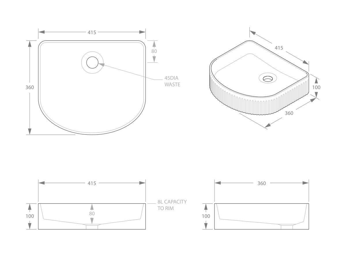 ADP Arch Fluted Above Counter Basin 410 x 365 x 100mm Gloss White