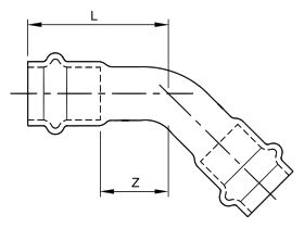 Technical Drawing - >B< Press Stainless Steel Elbow 45 Degree