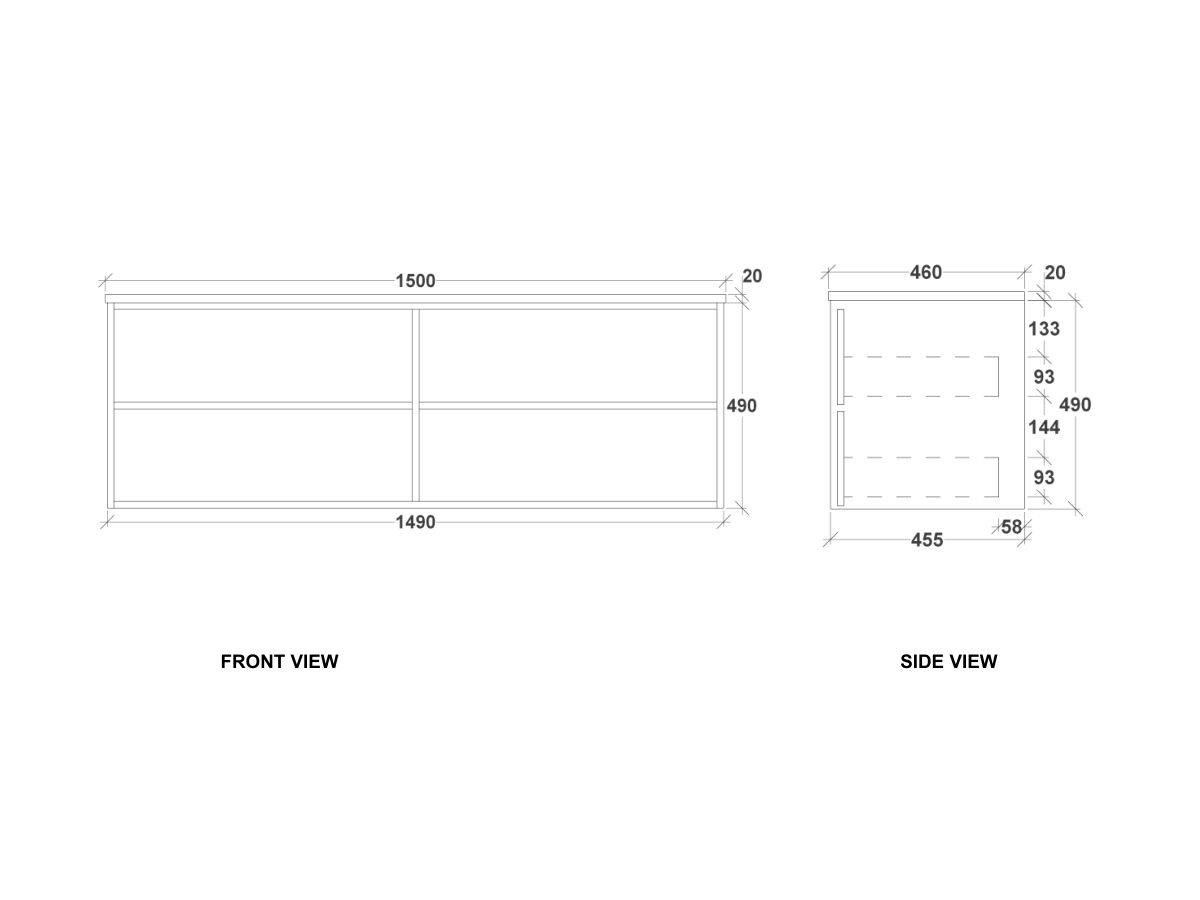 Kado Aspect Wall Hung Vanity Unit 1500mm Double Bowl 4 Drawer Corian 20mm Top