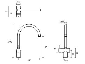 Technical Drawing - Scala Mini Sink Mixer Tap Large Curved Left Hand