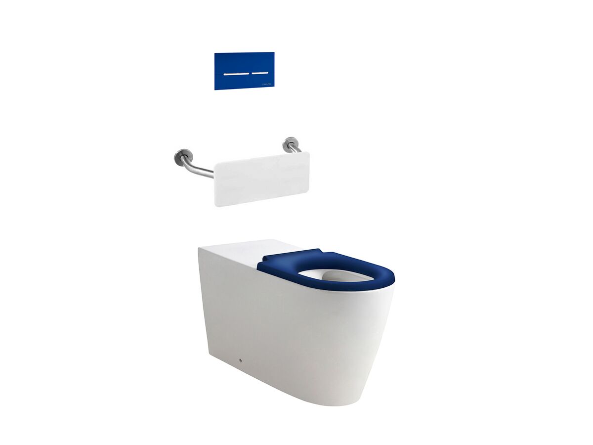Wolfen 800 Back to Wall Rimless Inwall Toilet Suite with Single Flap Seat Blue, Backrest, Raised Height Button & Plate Blue, Hideaway+ Inwall Cistern (4 Star)