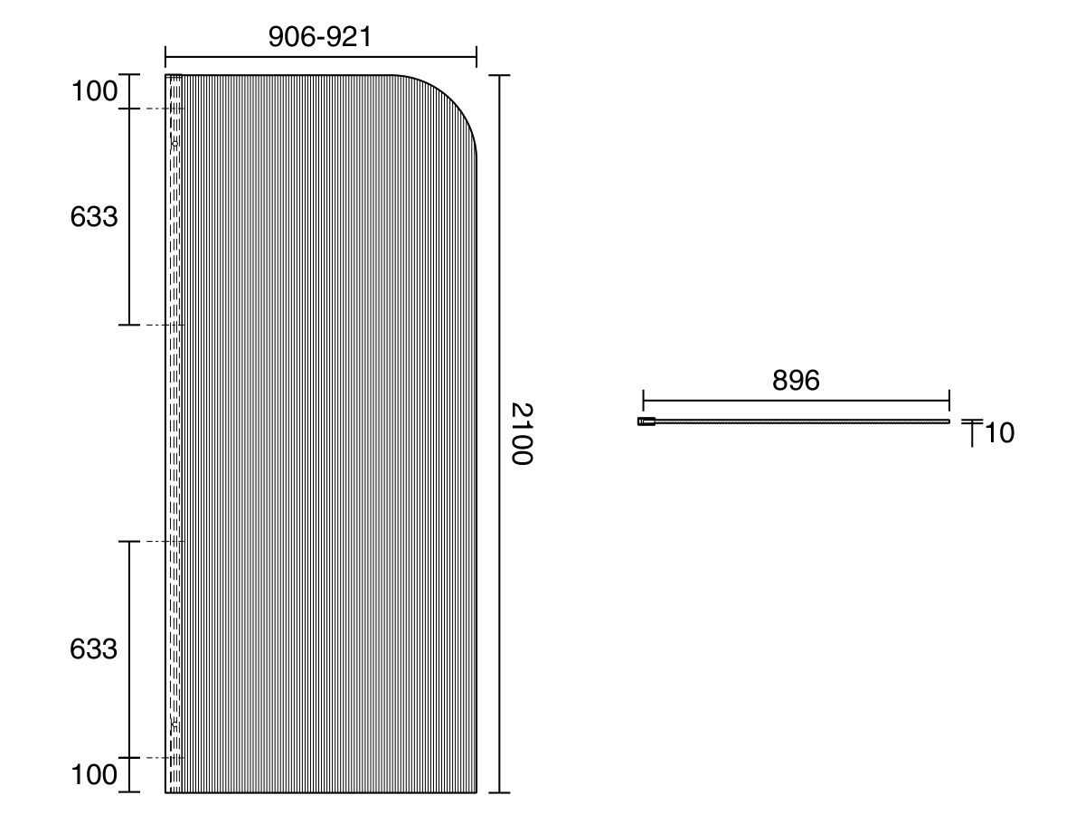 Technical Drawing - Kado Lux Frameless Curved Left Fluted Panel with Wall Channel 900mm