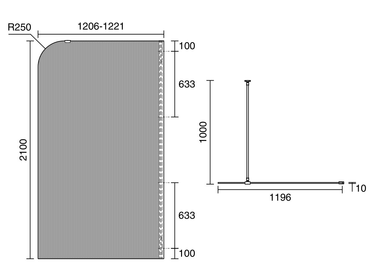 Technical Drawing - Kado Lux Frameless Curved Right Fluted Panel with Wall Channel 1200mm