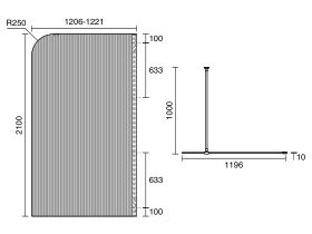 Technical Drawing - Kado Lux Frameless Curved Right Fluted Panel with Wall Channel 1200mm