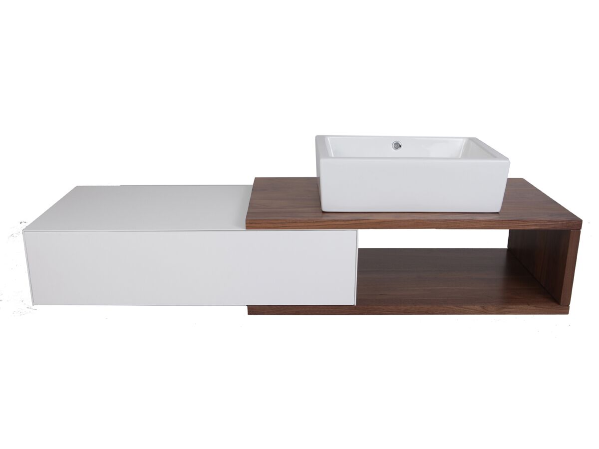 Mizu Bloc Wall Hung Vanity Unit No Basin Left Hand Drawer 1500mm Walnut White