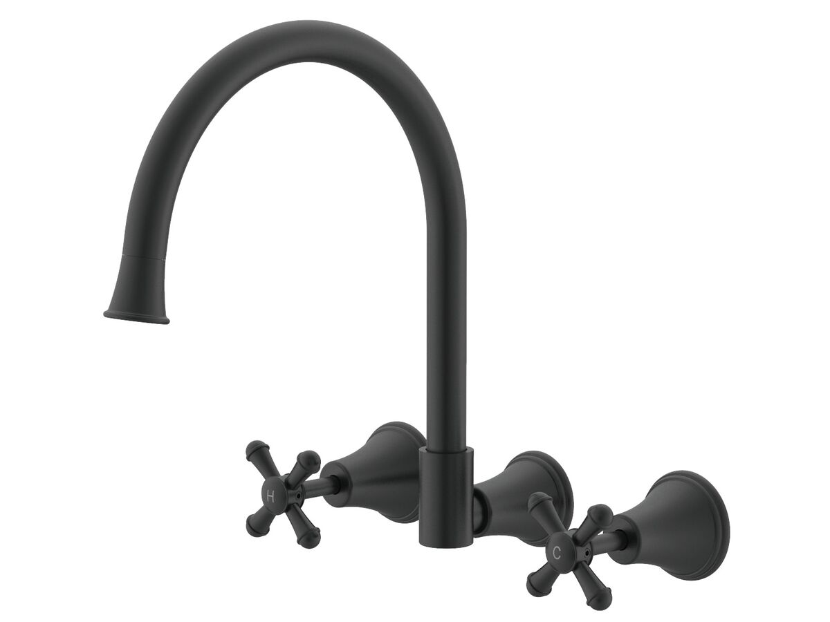 Posh Canterbury Wall Gooseneck Sink Set Cross Handles Matte Black (4 Star)