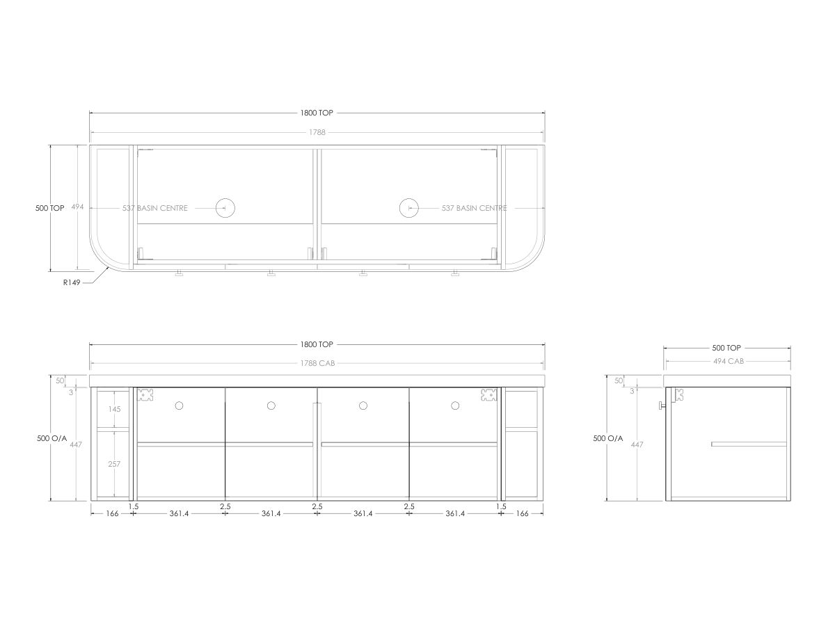 Kado Era 50mm Durasein Statement Top Double Curve All Door 1800mm Wall Hung Vanity with Double Basin