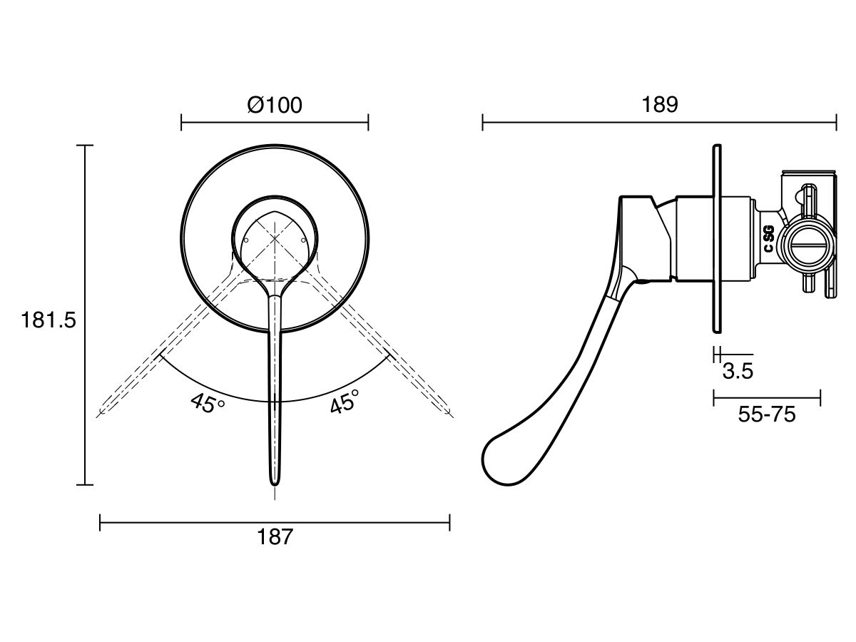 Technical Drawing - Posh Solus Shower Mixer Tap with Extended Lever