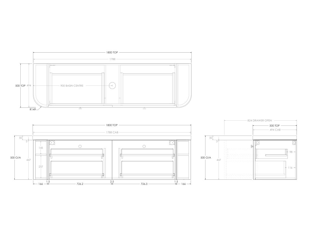 Kado Era 50mm Durasein Statement Top Double Curve All Drawer 1800mm Wall Hung Vanity with Center Basin