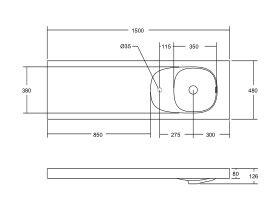 Kado Lussi 1500mm Single Wall Basin Right Hand Bowl with Overflow 1 Taphole Matte White Solid Surface