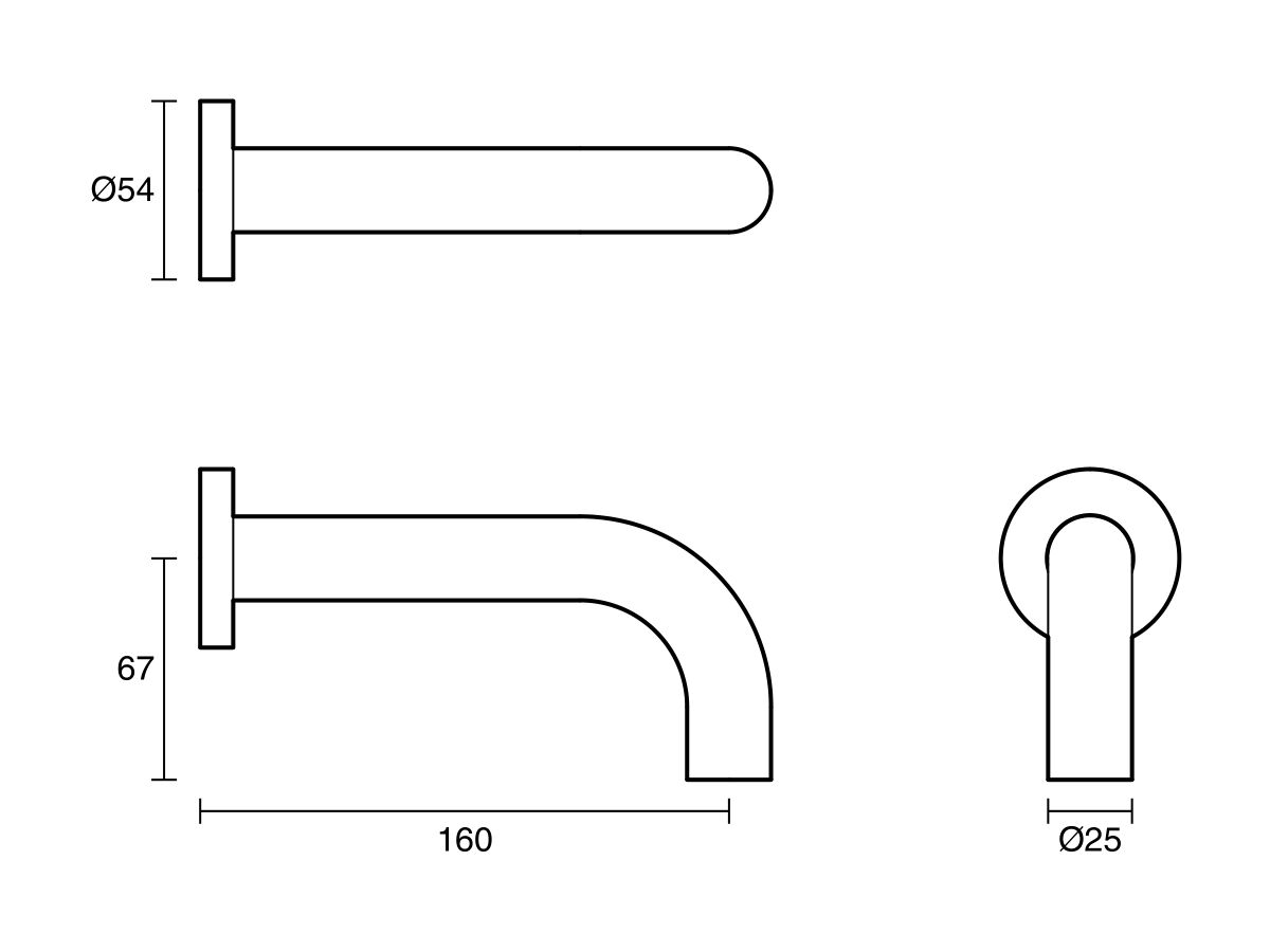 Technical Drawing - Scala 25mm Curved Bath Outlet 160mm 316 Stainless Steel
