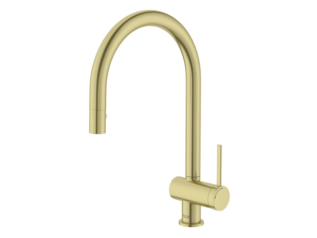 Roca Ona Gooseneck Pull Out Sink Mixer Tap 2 Function Brushed Brass (5 Star)
