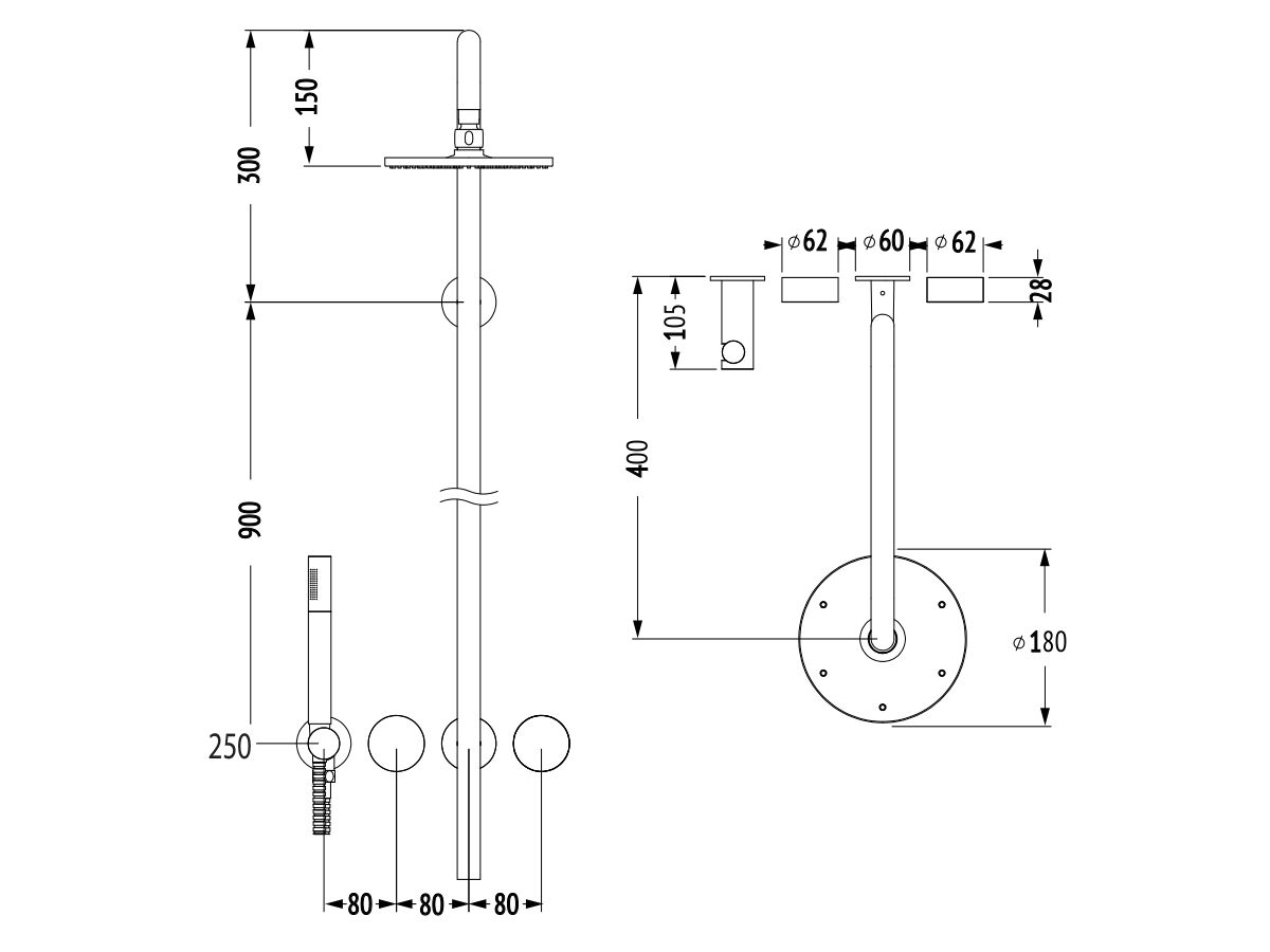 Milli Pure Progressive Column Shower Mixer Tap System 180mm with Hand Shower Right Hand Brushed