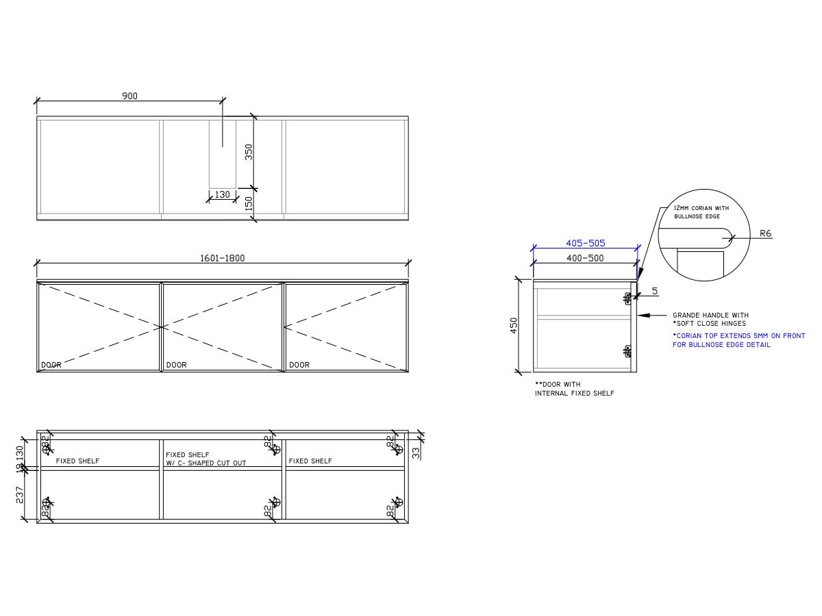 ISSY Adorn Above Counter / Semi Inset Wall Hung Vanity Unit with Three Doors & Internal Shelf with Grande Handle 1601-1800mm x 400-500mm x 450mm CENTERED (CENTRE RIGHT)