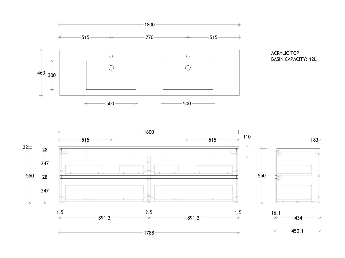 Posh Domaine 1800mm Wall Hung Twin Vanity Unit All-Drawer Double Bowl ...