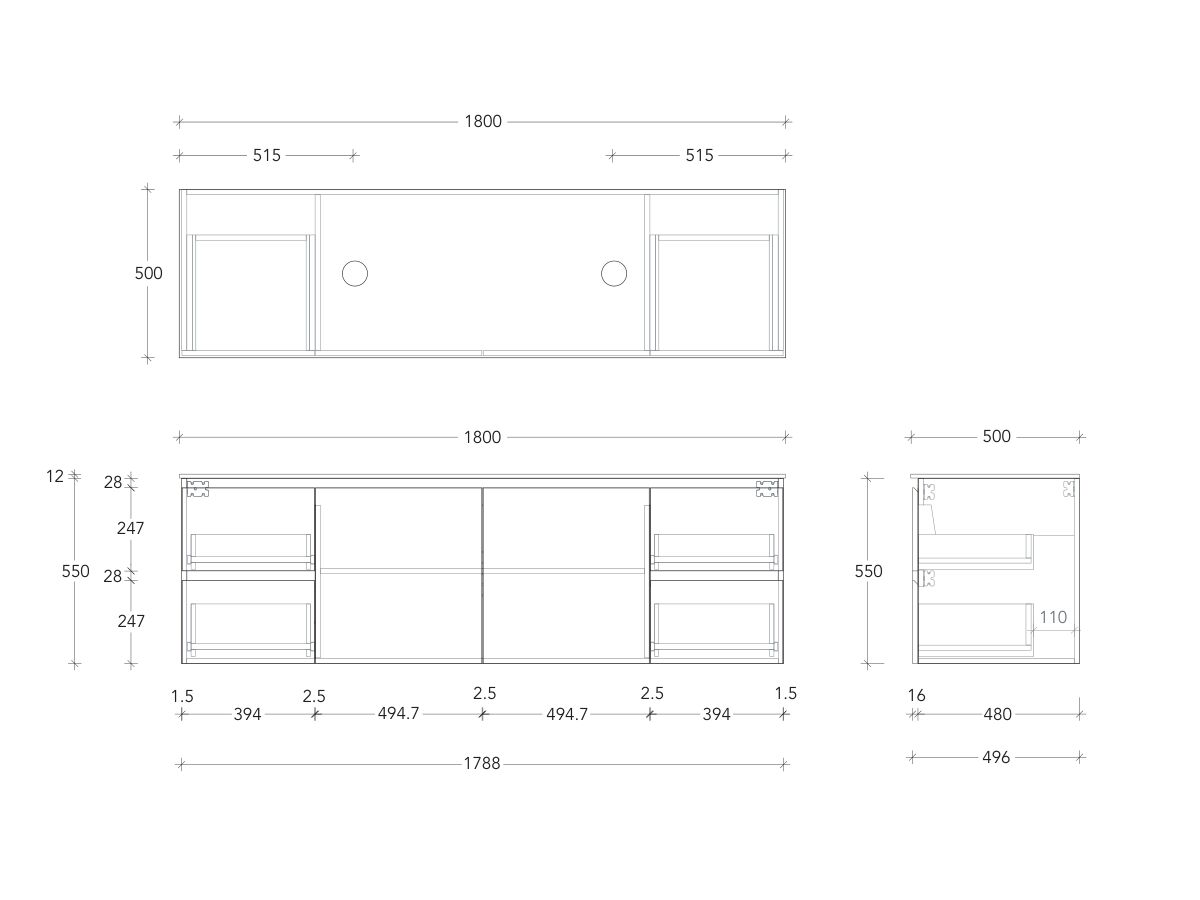 Posh Domaine and Domaine Plus 1800mm Wall Hung Vanity Unit Conventional Double Bowl Durasein Top (No Basin)