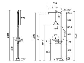 Technical Drawing - Wolfen Freestanding Safety Shower & Eye Wash with Foot Pedal Polished Stainless Steel
