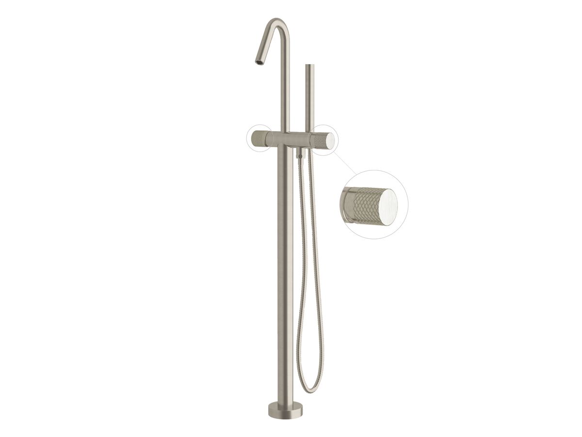 Milli Pure Floor Mounted Bath Mixer Tap with Handshower and Diamond Textured Handle Trimset Brushed Nickel (3 Star)