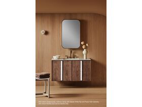 In Situ - Adorn 3 vanity with Carrara Tulip handle and Ballerina shaving cabinet portrait close up doors open - American Oak