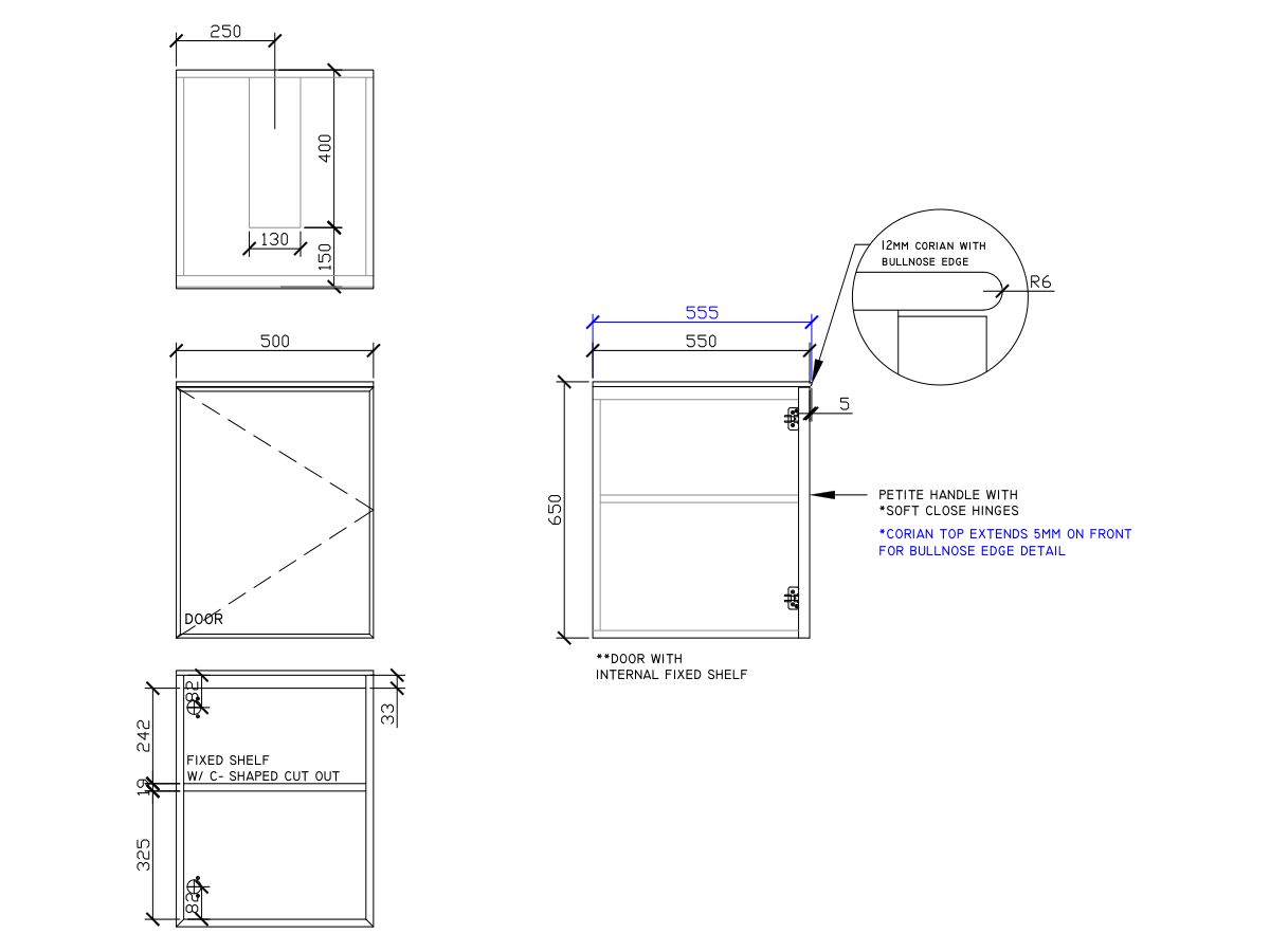 ISSY Adorn Undermount Wall Hung Vanity Unit with One Door & Internal Shelf with Petite Handle 500mm x 550mm x 650mm CENTER (LEFT)