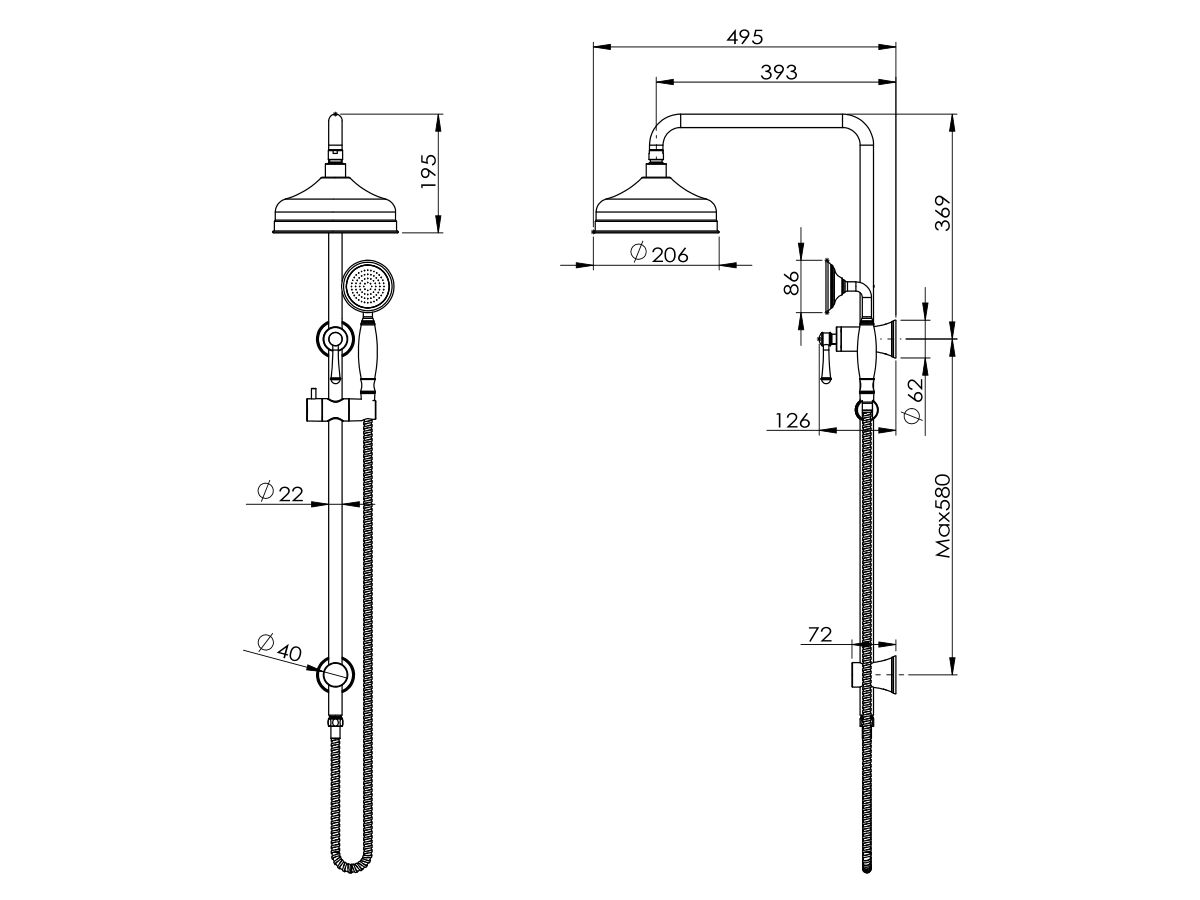 Posh Canterbury Twin Rail Shower with Top Rail Water Inlet Chrome (3