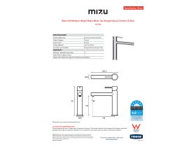 Specification Sheet - Mizu Drift Medium Height Basin Mixer Tap Straight Spout Chrome (6 Star)