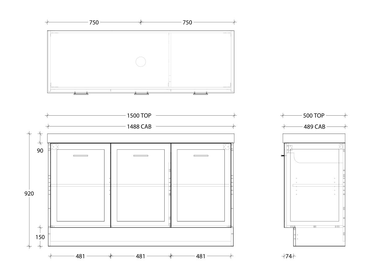 Kado Lux Door Vanity Unit 1500 Floor Mount Centre Bowl Statement Top 3 Doors (No Basin)