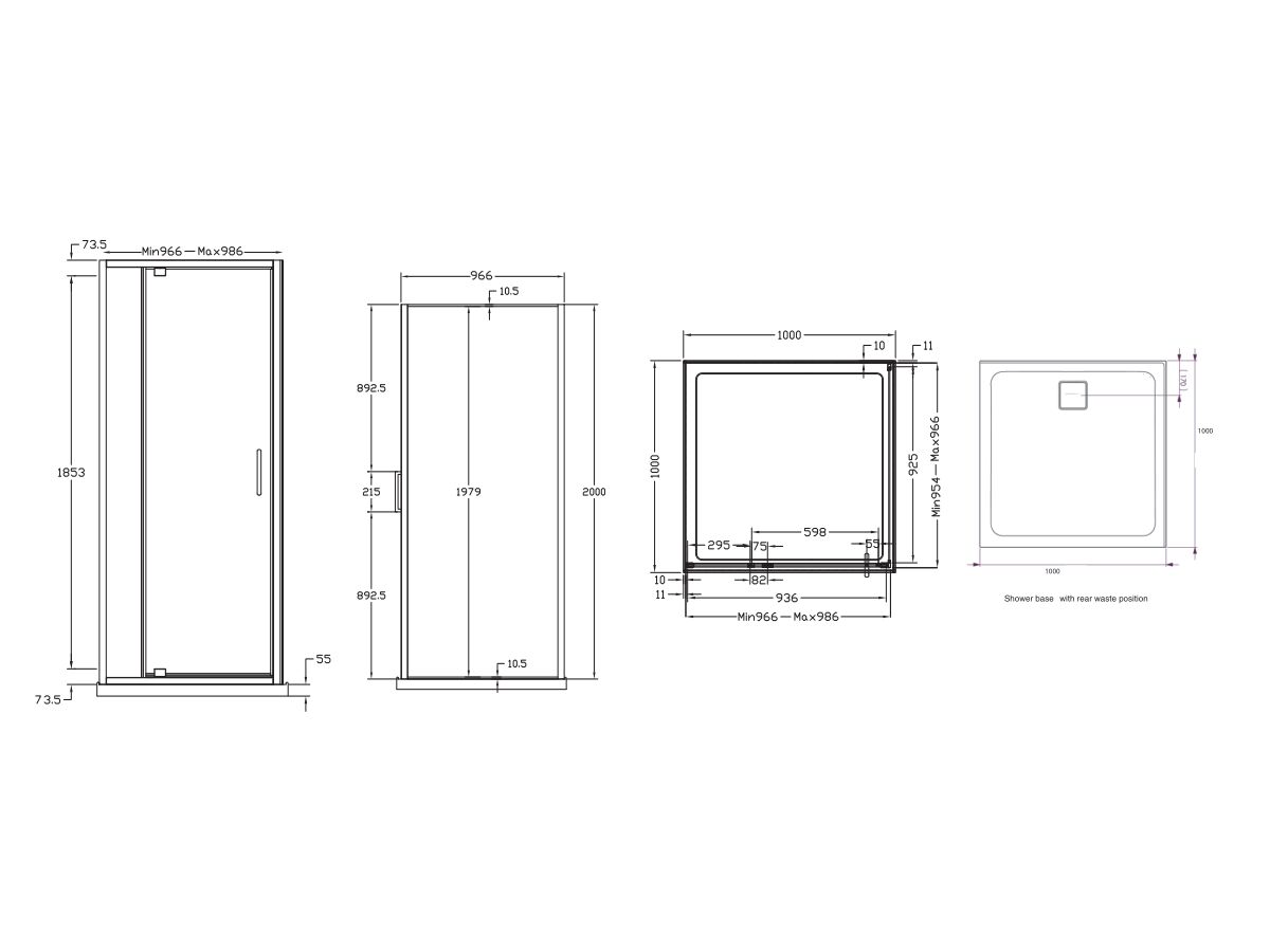 Base MK2 Shower Screen & Shower Base with Rear Outlet 1000mm x 1000mm
