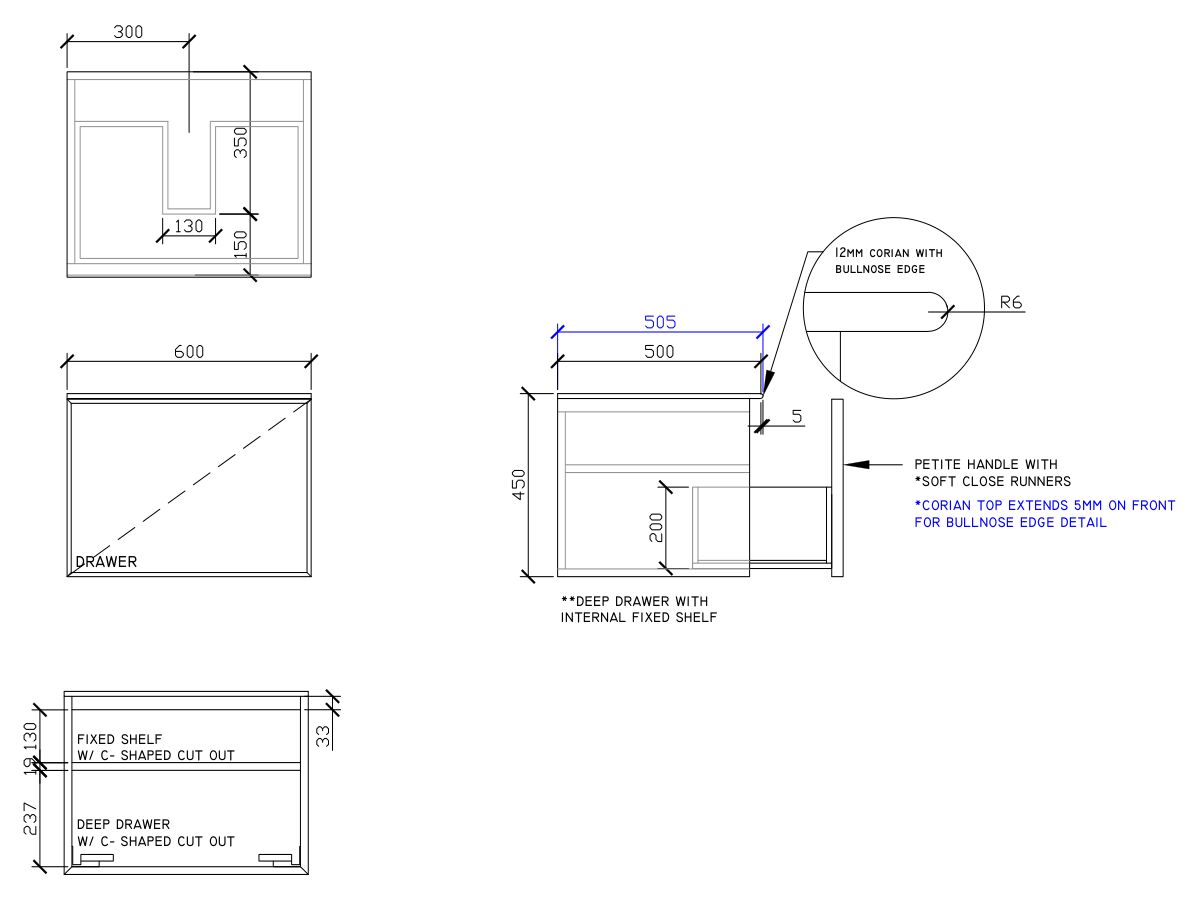 ISSY Adorn Above Counter / Semi Inset Wall Hung Vanity Unit with One Drawer & Internal Shelf with Petite Handle 600mm x 500mm x 450mm CENTER