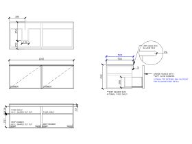 Technical Drawing - ISSY Adorn Above Counter / Semi Inset Wall Hung Vanity Unit with Two Drawers & Internal Shelves with Grande Handle 1200mm x 500mm x 450mm OFFSET LEFT