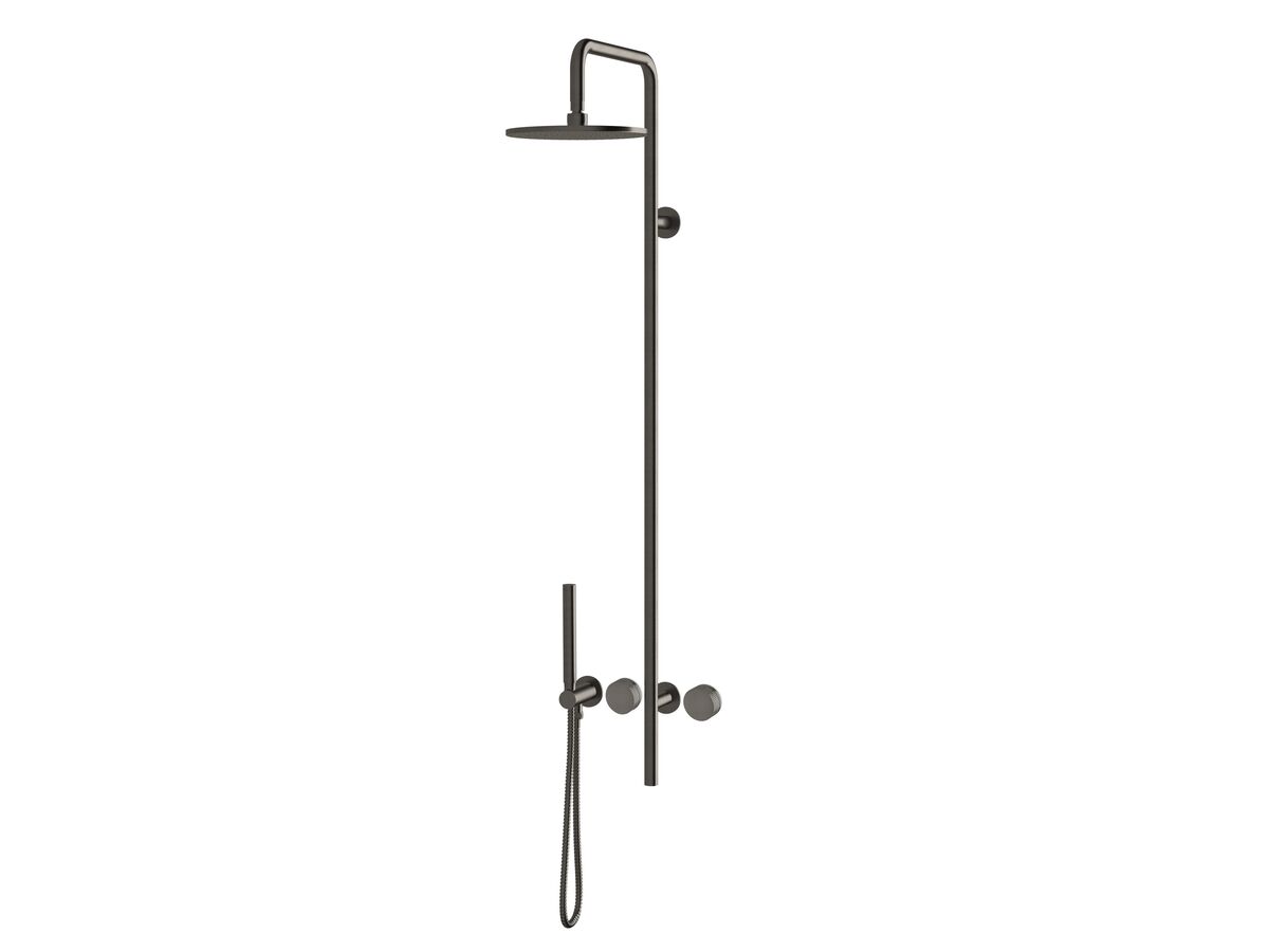 Milli Pure Progressive Shower Mixer Tap Column System with Hand Shower 250mm Right Hand and Diamond Textured Handles Brushed Gunmetal (3 Star)