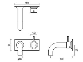 Technical Drawing - Scala 32mm Curved Bath Mixer Tap Outlet System Right Hand 160mm Outlet