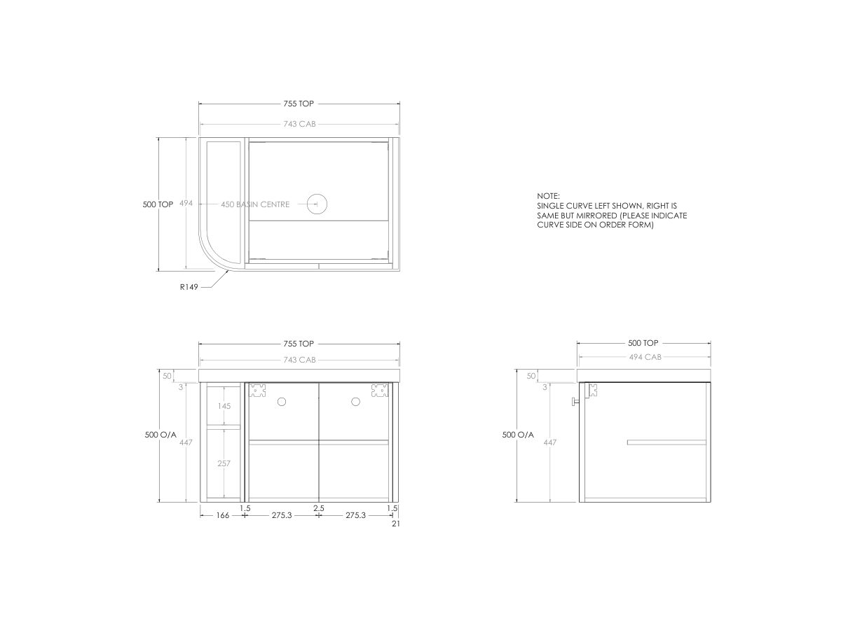 Kado Era 50mm Durasein Statement Top Single Curve All Door 750mm Wall Hung Vanity with Center Basin