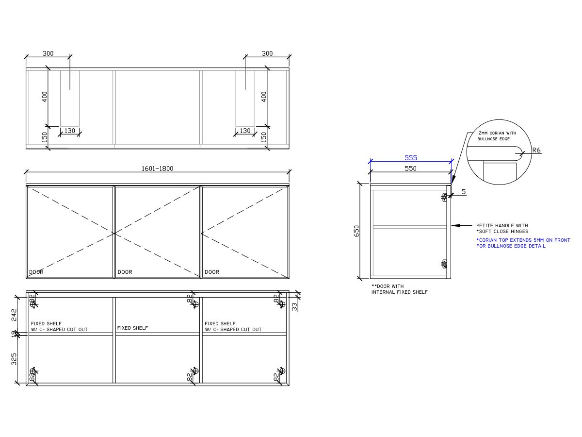 ISSY Adorn Undermount Wall Hung Vanity Unit with Three Doors & Internal Shelf with Petite Handle 1601-1800mm x 550mm x 650mm DOUBLE (CENTRE RIGHT)