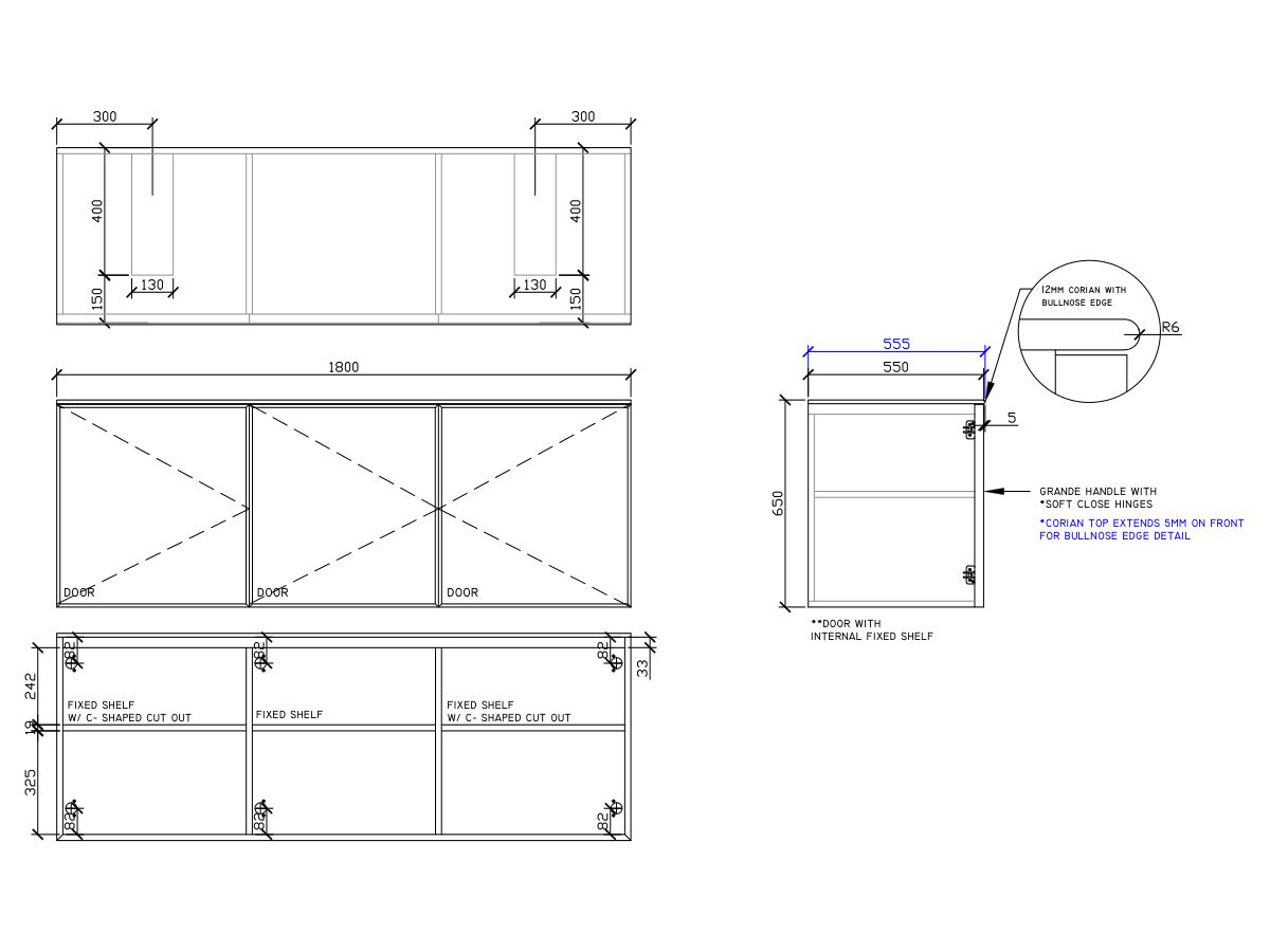 ISSY Adorn Undermount Wall Hung Vanity Unit with Three Doors & Internal Shelf with Grande Handle 1800mm x 550mm x 650mm DOUBLE (CENTRE LEFT)