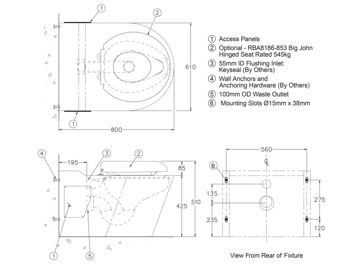 RBA Baraitric Toilet P or S Trap Front or Rear Fixed Stainless Steel Bowl White Exterior 3 Star
