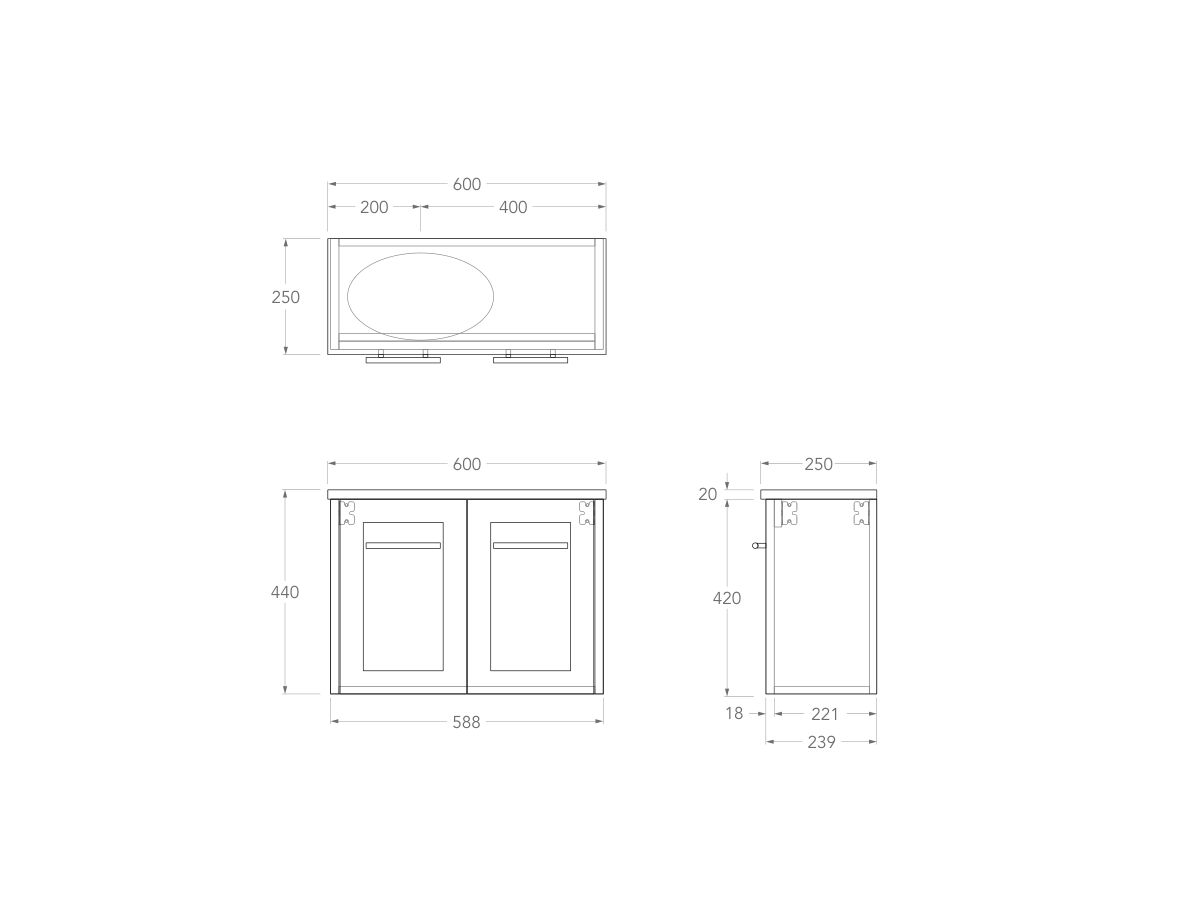 Technical Drawing - Kado Lux Petite 600mm Wall Hung Vanity Left Hand Basin 20mm Top
