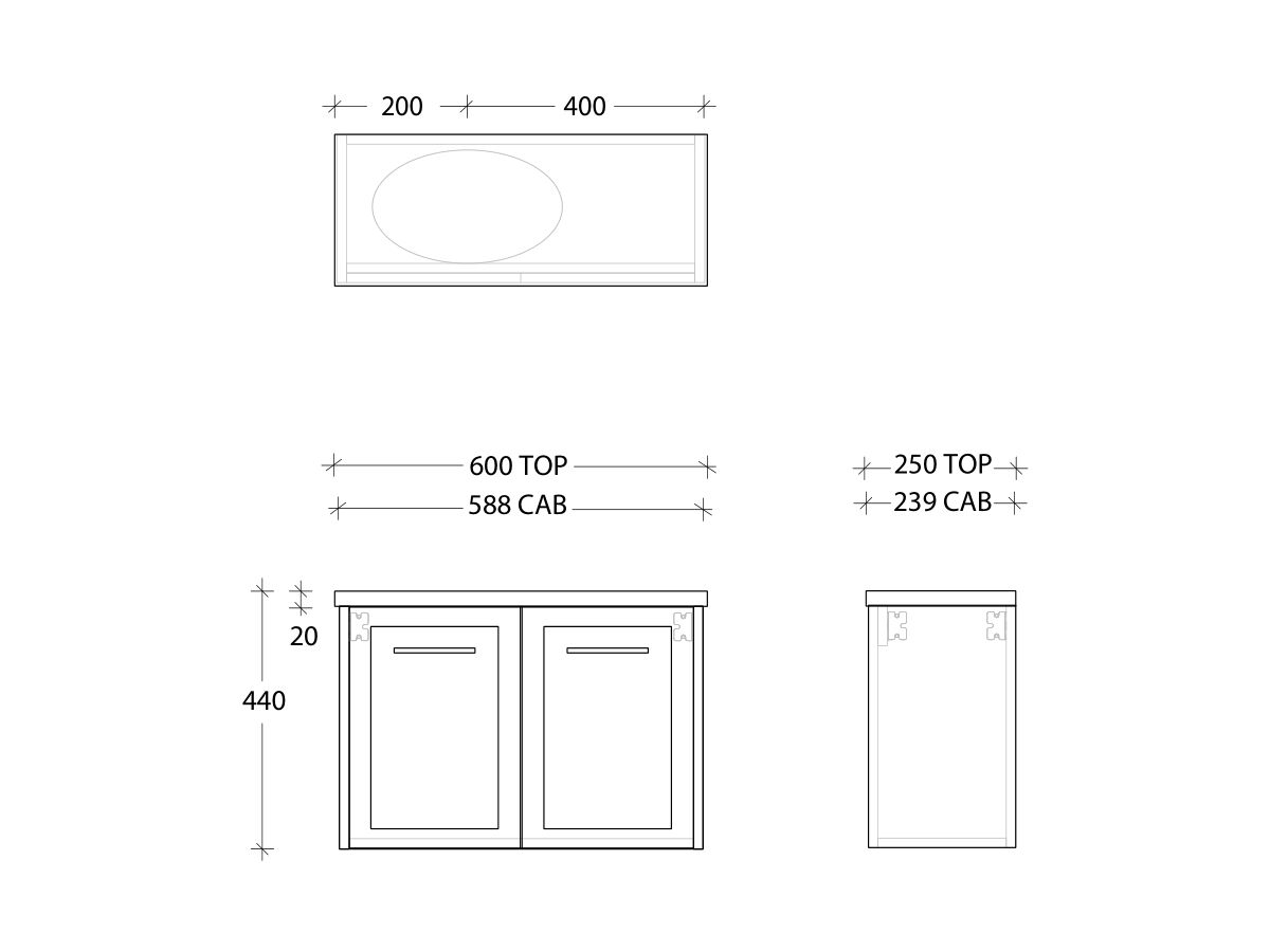 Kado Lux Petite Vanity Unit Wall Hung 600 Right Bowl Friday Top (Basin