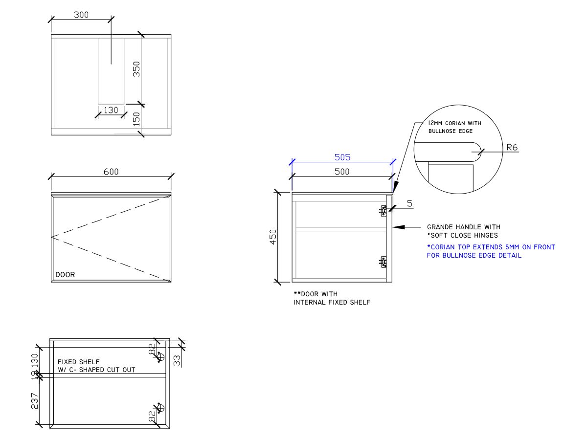 ISSY Adorn Above Counter / Semi Inset Wall Hung Vanity Unit with One Door & Internal Shelf with Grande Handle 600mm x 500mm x 450mm CENTER (RIGHT)