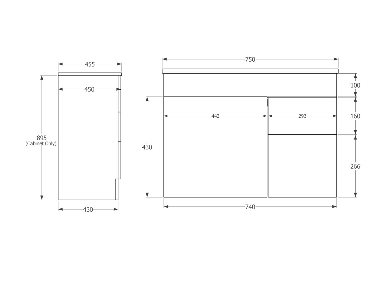 Espire 760mm Wall Hung Vanity Unit Single Bowl 1 Door 2 Drawers Wave ...