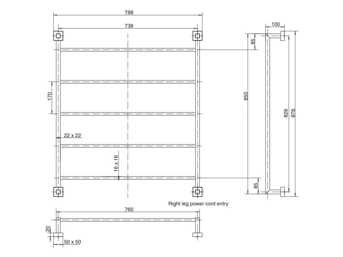 Mizu Bloc Heated Towel Rail 760mm x 850mm Polished Stainless Steel