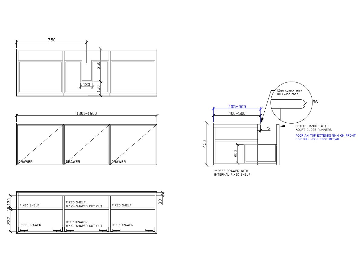 ISSY Adorn Above Counter / Semi Inset Wall Hung Vanity Unit with Three Drawers & Internal Shelves with Petite Handle 1301-1600mm x 400-500mm x 450mm CENTERED