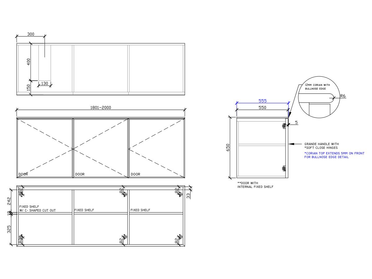ISSY Adorn Undermount Wall Hung Vanity Unit with Three Doors & Internal Shelf with Grande Handle 1801-2000mm x 550mm x 650mm OFFSET LEFT (CENTRE RIGHT)