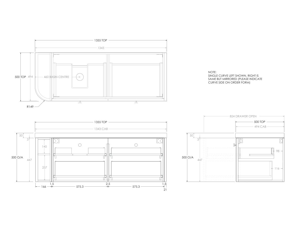 Kado Era 50mm Durasein Statement Top Single Curve All Drawer 1350mm Wall Hung Vanity with Left Hand Basin