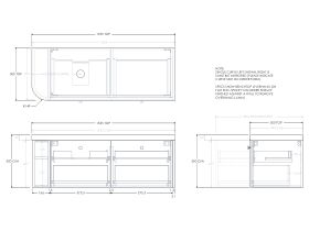 Technical Drawing - Kado Era 50mm Durasein Statement Top Single Curve All Drawer 1350mm Wall Hung Vanity with Left Hand Basin