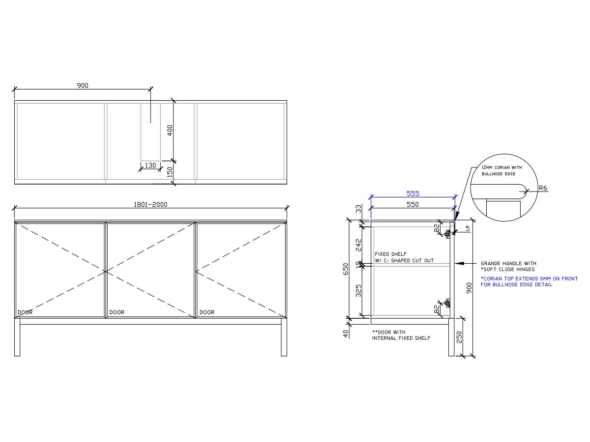 ISSY Adorn Undermount Vanity Unit with Legs Three Doors & Internal Shelves with Grande Handle 1801-2000mm x 550mm x 900mm CENTERED (CENTRE RIGHT)