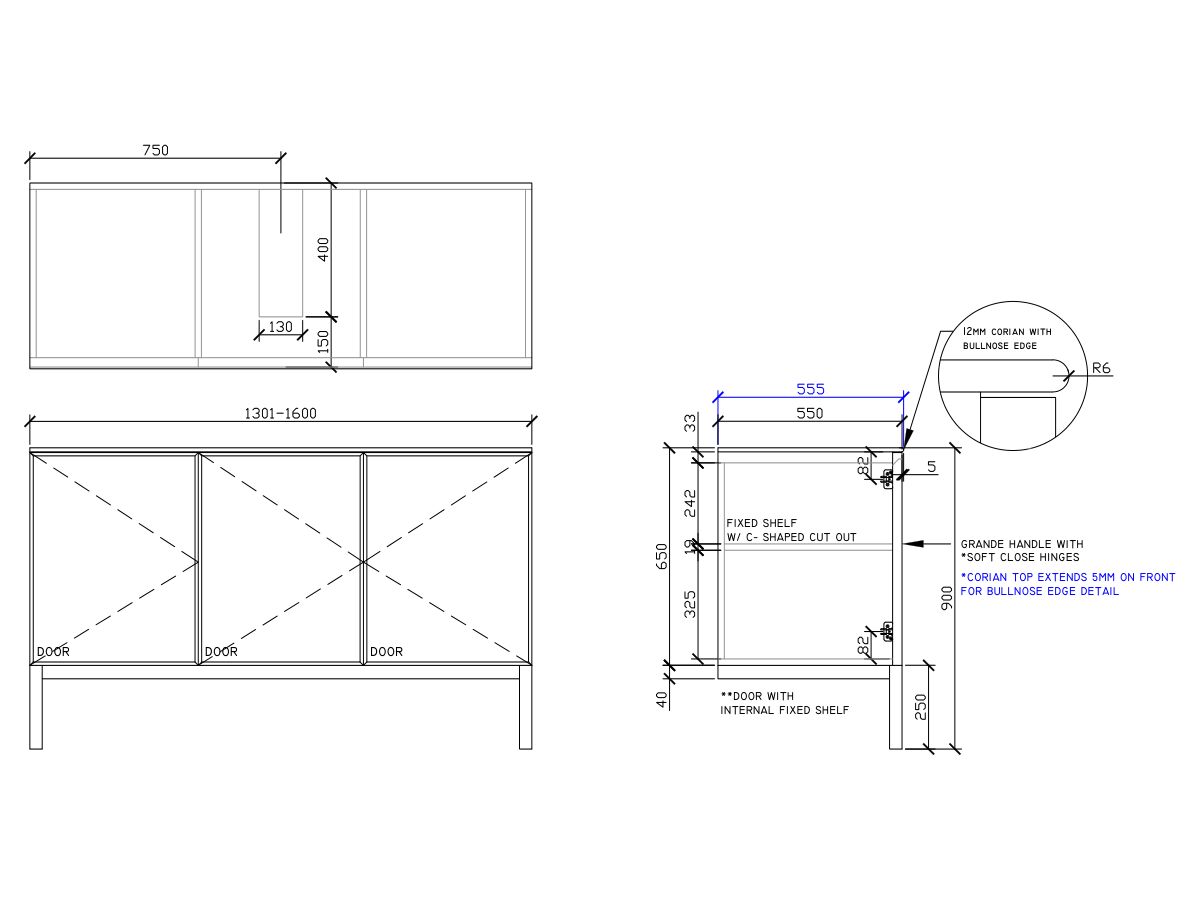 ISSY Adorn Undermount Vanity Unit with Legs Three Doors & Internal Shelves with Grande Handle 1301-1600mm x 550mm x 900mm CENTERED (CENTRE LEFT)